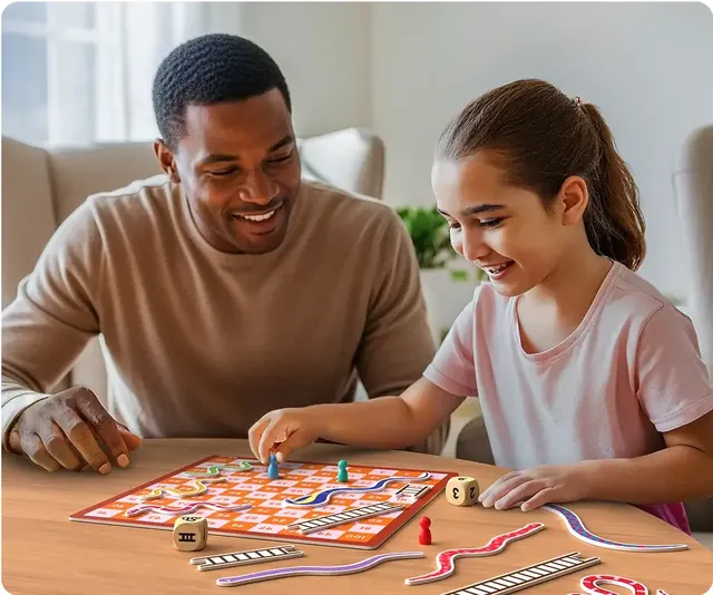 A father and his daughter playing on the orange side of the magnetic board