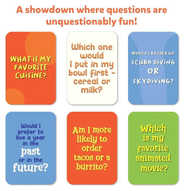 Six question cards, such as What is my favorite cuisine? and Would I rather go scuba diving or skydiving?