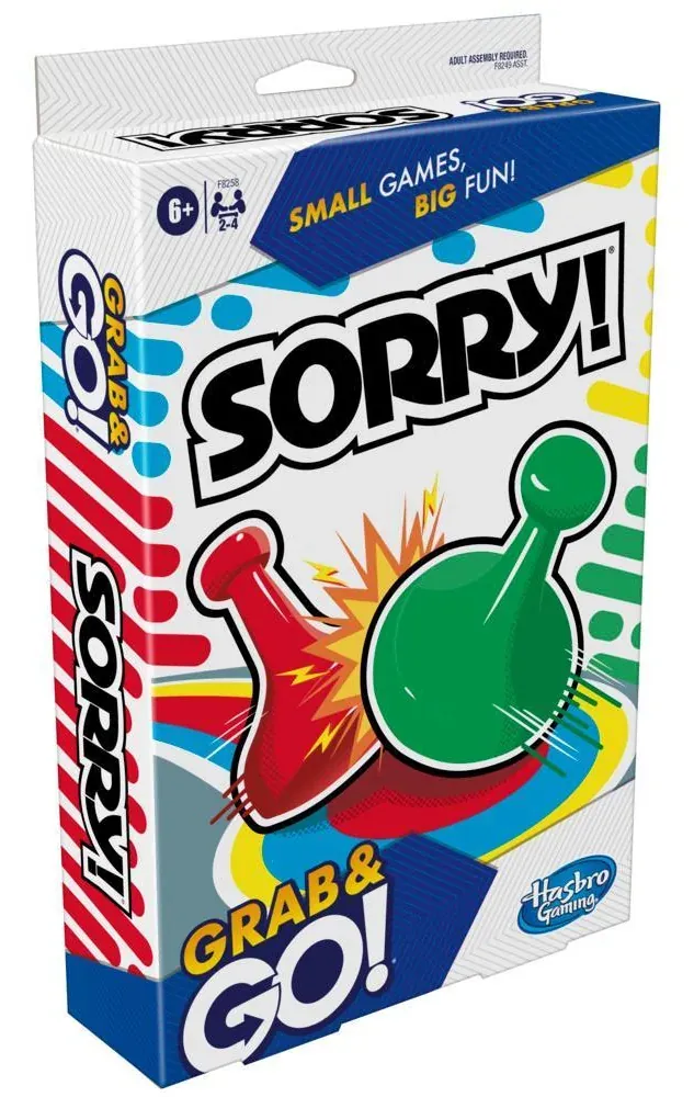 Hasbro's newer Sorry! Grab and Go box, with red and green pawns and the words Small games, big fun