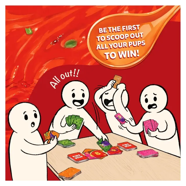Cartoon players shouting All out!, with the words Be the first to scoop out all your pups to win
