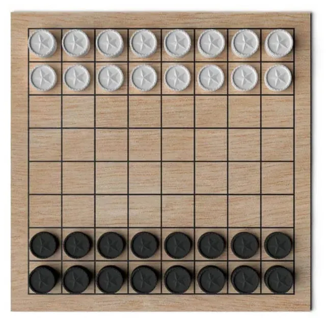 The wooden-look Backlash board with two rows of white tokens at the top and two rows of black tokens at the bottom