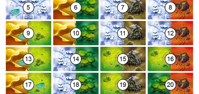 The Dragomino landscape dominoes laid out in rows, each numbered and showing two squares of landscape