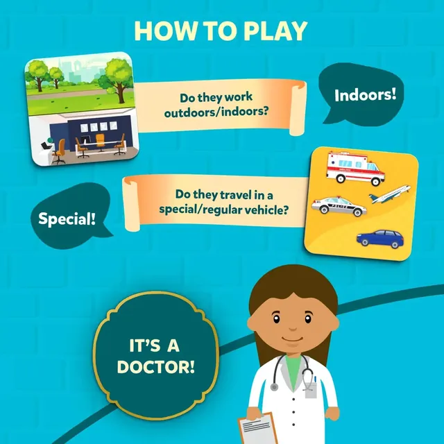 How to play: the tiles ask Do they work outdoors or indoors? (indoors) and Do they travel in a special or regular vehicle? (special), and the answer is a doctor