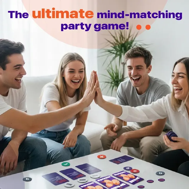 A group of friends high-fiving over the cards and tokens on a table