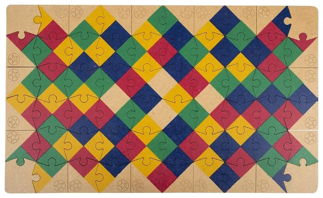 A finished Jig Stars puzzle: rows of red, yellow, green and blue diamonds on a light board