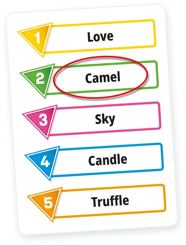 A Just One card with five words, one circled in red