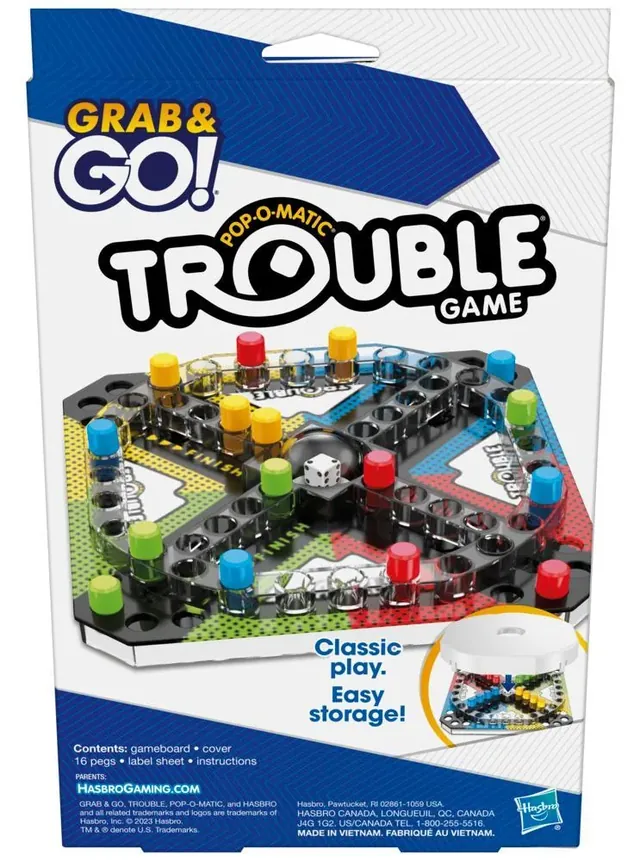 The back of the Trouble Grab & Go box, with the board and the contents list