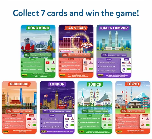 Seven city cards: Hong Kong, Las Vegas, Kuala Lumpur, Shanghai, London, Zurich and Tokyo
