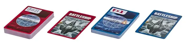 Four piles of red and blue Battleship cards laid out in a row