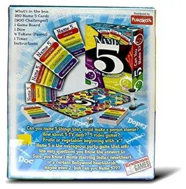 The back of the Name 5 box, with the contents list, the cards and the board