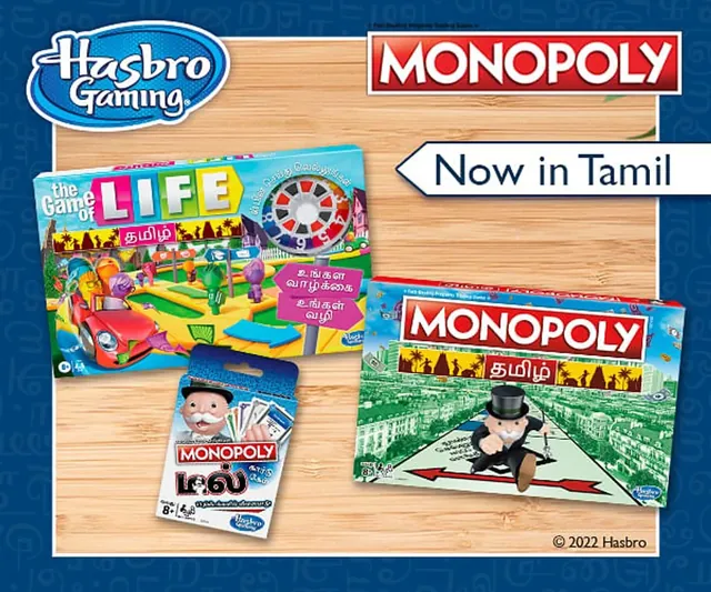 Hasbro India's launch picture of its Tamil games: The Game of Life, Monopoly and Monopoly Deal in Tamil boxes