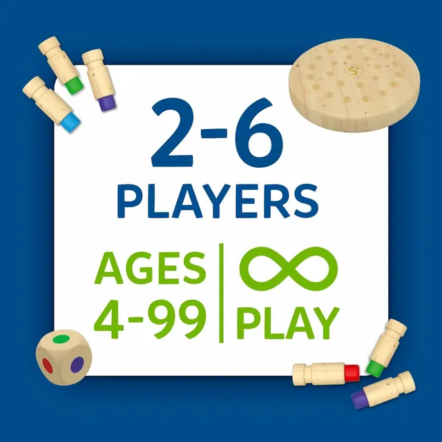 Panel reading 2-6 players and ages 4-99, with wooden pegs, the board and the die