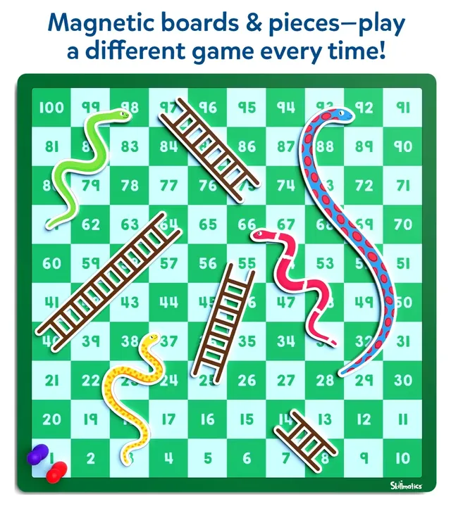 The green side of the board, numbered 1 to 100, with snakes and ladders placed on it