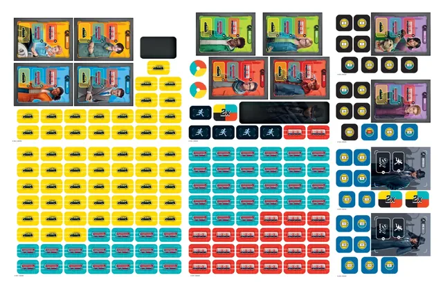 Rows of yellow taxi, green bus and red Underground tickets with the ticket boards and black tickets