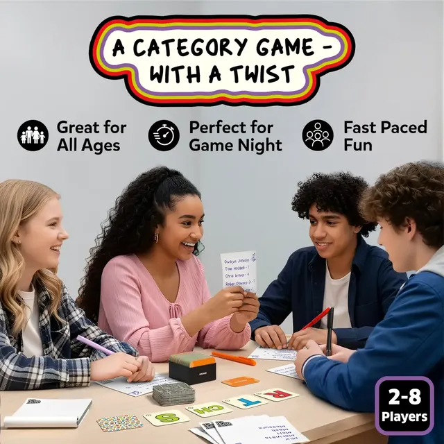 Four teenagers around a table writing answers, with letter cards and a category card in the middle