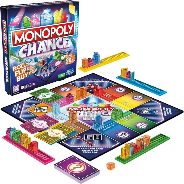 The box beside the small board, skyline racks, buildings, cards and die