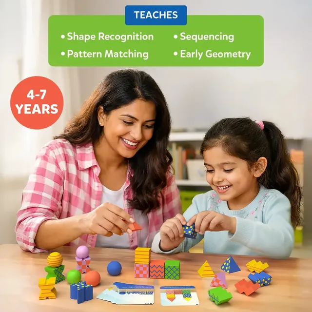 A mother and her daughter building a block structure from a card
