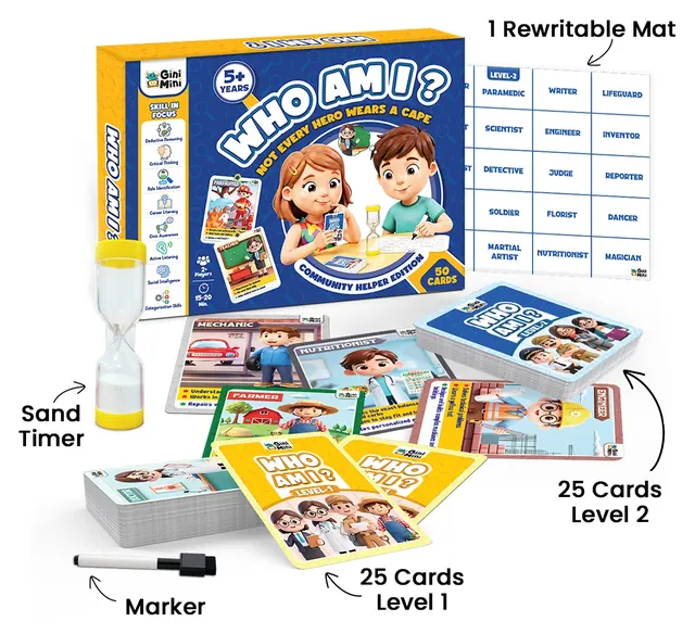 GiniMini's contents picture: the box, a wipe-clean mat listing helpers, a sand timer, a marker and two levels of 25 cards