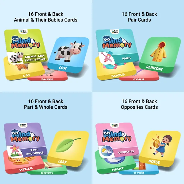 GiniMini's picture of the four card sets: animals and their babies, pairs that go together, parts and wholes, and opposites