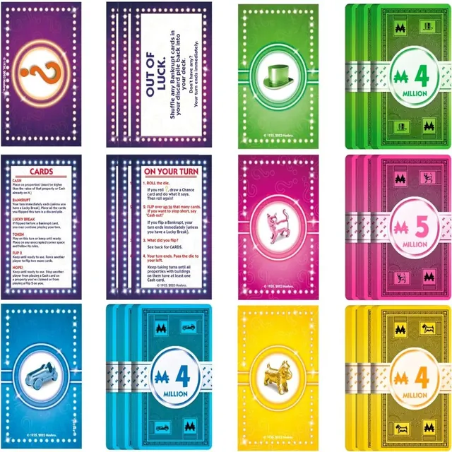 The card decks laid out: Chance cards, cash cards, Out of Luck cards and token cards