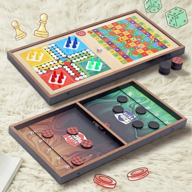 A wooden 3-in-1 set: a Ludo and Snakes and Ladders board stacked on a sling-puck board, with dice and pieces