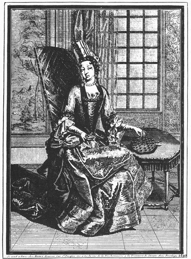 A 1687 French engraving of Princess Soubise seated beside a peg solitaire board