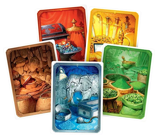 Goods cards fanned out: leather, spice, silver, cloth, gems and gold