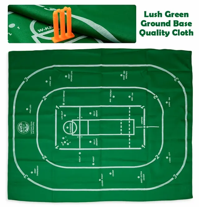 The green cloth ground printed with the pitch and fielding positions, with a set of stumps
