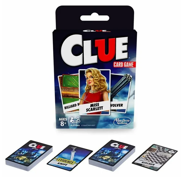 The Clue Card Game box with four stacks of cards in front of it