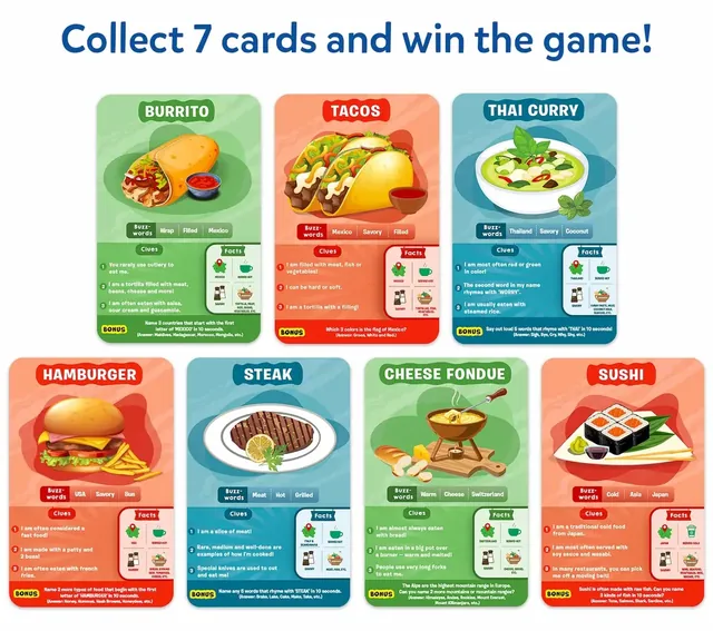Seven food cards: burrito, tacos, Thai curry, hamburger, steak, cheese fondue and sushi