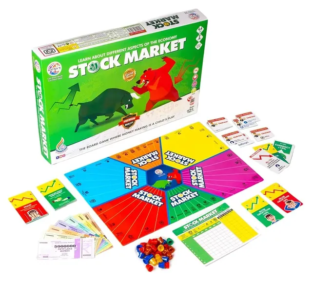 The box with the board, share and information cards, play money and coloured counters laid out