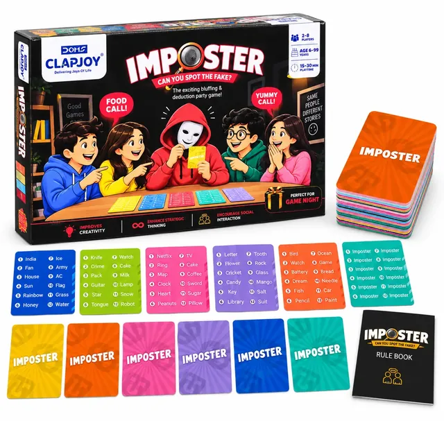 Word cards with numbered lists of everyday words, Imposter cards in matching colours and the rule book