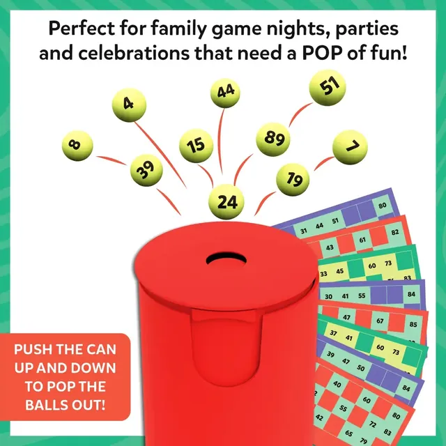 Numbered balls flying out of the top of the red can, with Housie cards fanned out behind it