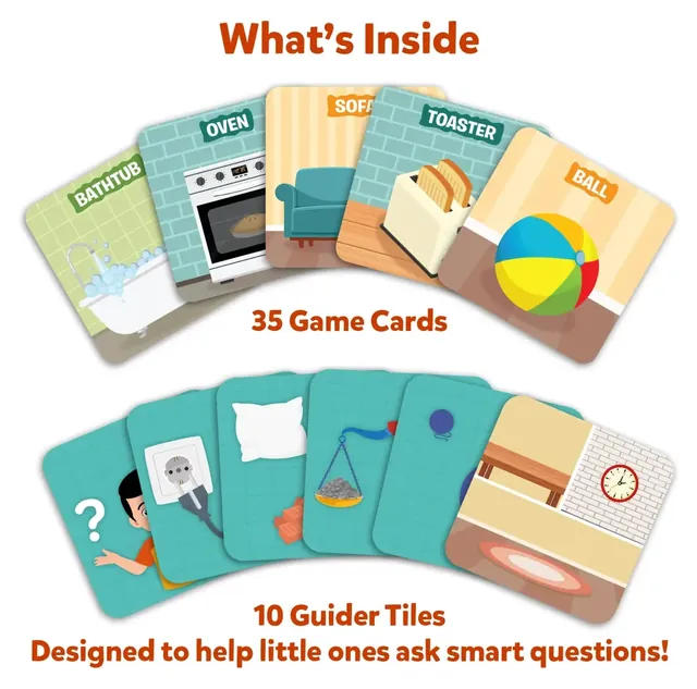 35 game cards, among them a bathtub, an oven, a sofa, a toaster and a ball, and 10 picture guider tiles