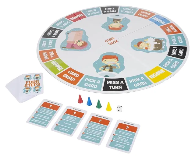 The Four Steps board set up with four pawns, a die and task cards laid out in front