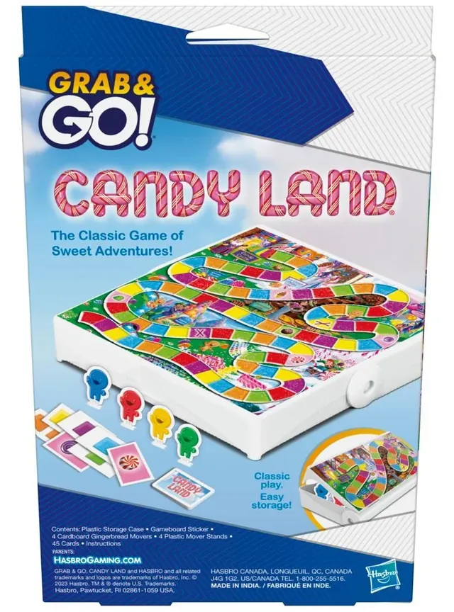 The back of the Candy Land Grab and Go box, with the open case, the contents and the line Made in India