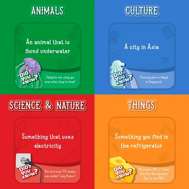 One category card from each deck: Animals (an animal found underwater), Culture (a city in Asia), Science and Nature (something that uses electricity) and Things (something you find in the refrigerator)
