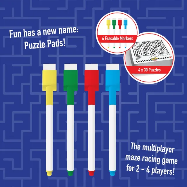 Four erasable markers in yellow, green, red and blue beside a maze card
