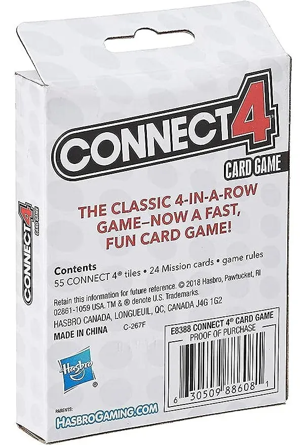 The back of the Connect 4 Card Game box, with its contents list