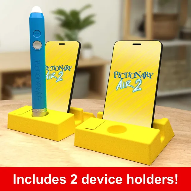Two phones standing in the yellow device stands, with the light pen between them