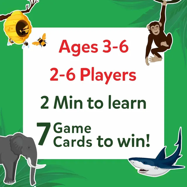 Panel reading Ages 3-6, 2-6 players, 2 minutes to learn and 7 game cards to win