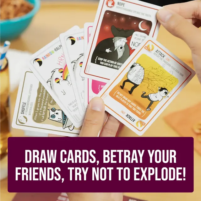 A hand of Party Pack cards, including Attack and Nope, with the line 'Draw cards, betray your friends'
