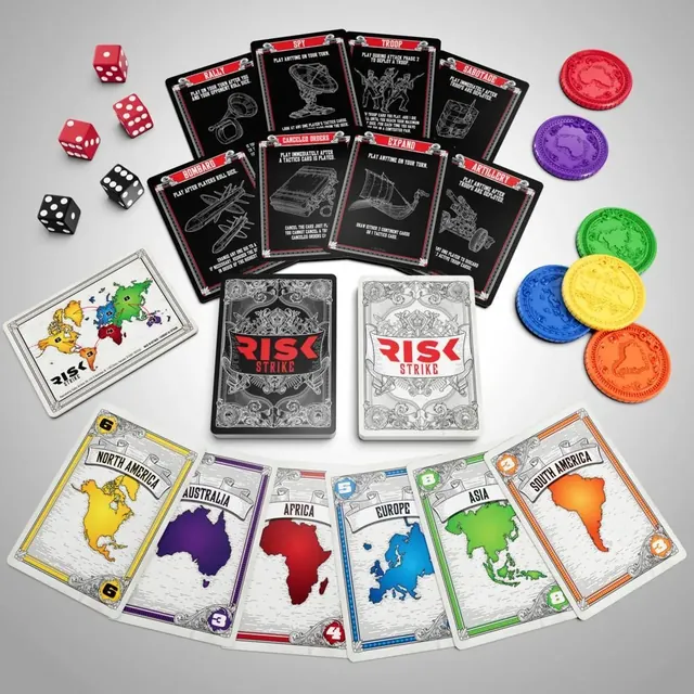 Risk Strike laid out: continent cards in a row, tactics cards, dice and the six domination coins
