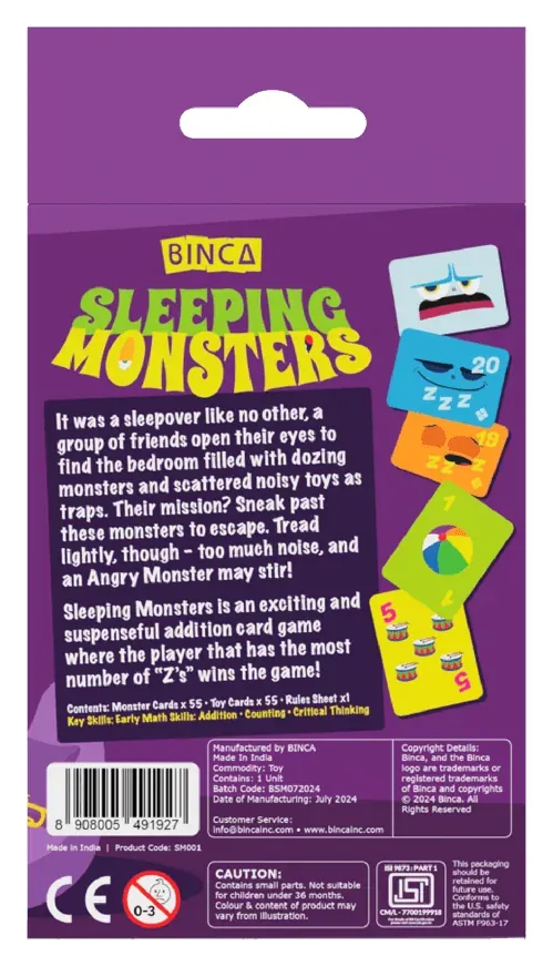 The Sleeping Monsters box back with the sleepover story and the line 'Made in India'