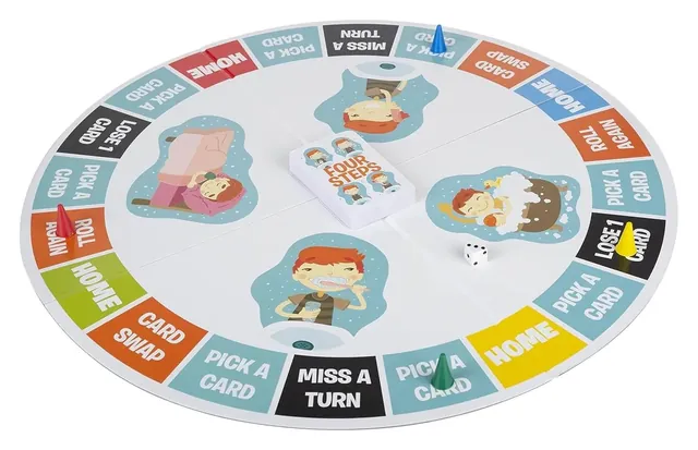 The round Four Steps board with Pick a Card, Swap Card and Miss a Turn spaces, pawns on the track and the card pile in the middle