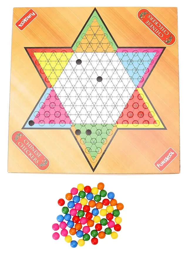 The Funskool star board with six coloured points and a pile of 60 coloured marbles