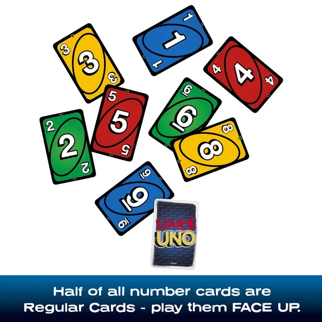 Liar's UNO number cards in red, blue, green and yellow, played face up, beside the dark card back