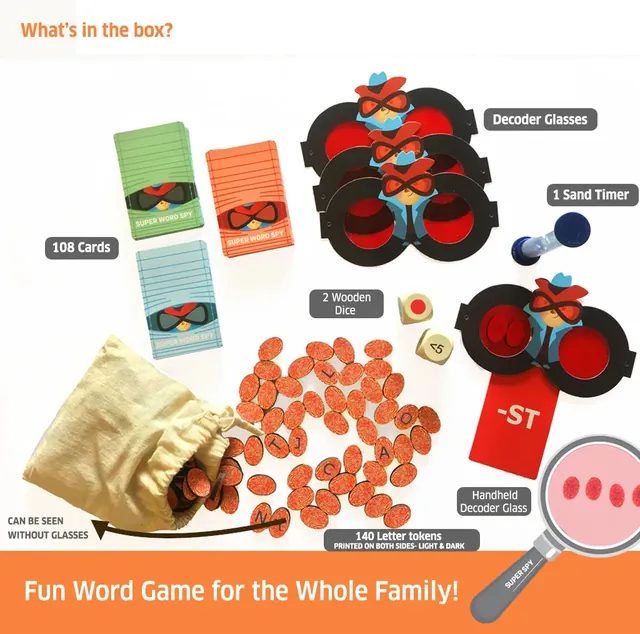 What's in the box: 108 cards, 140 letter tokens, decoder glasses, a hand-held decoder, 2 wooden dice, a sand timer and a cloth bag