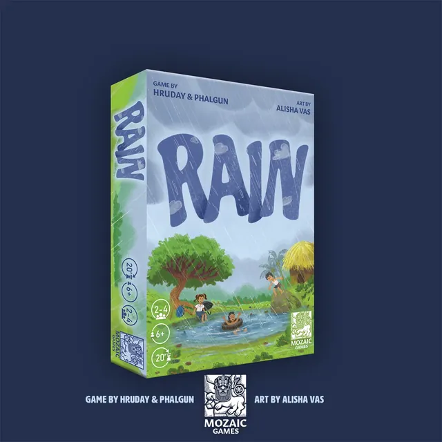 The Rain box on a dark blue background, with the Mozaic Games logo