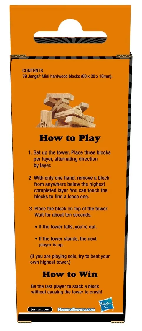 The side of the Jenga Mini box with the contents and how to play